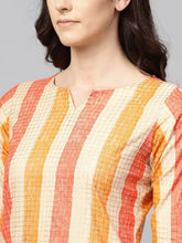 Women Cream Colored Orange Checked Straight Kurta